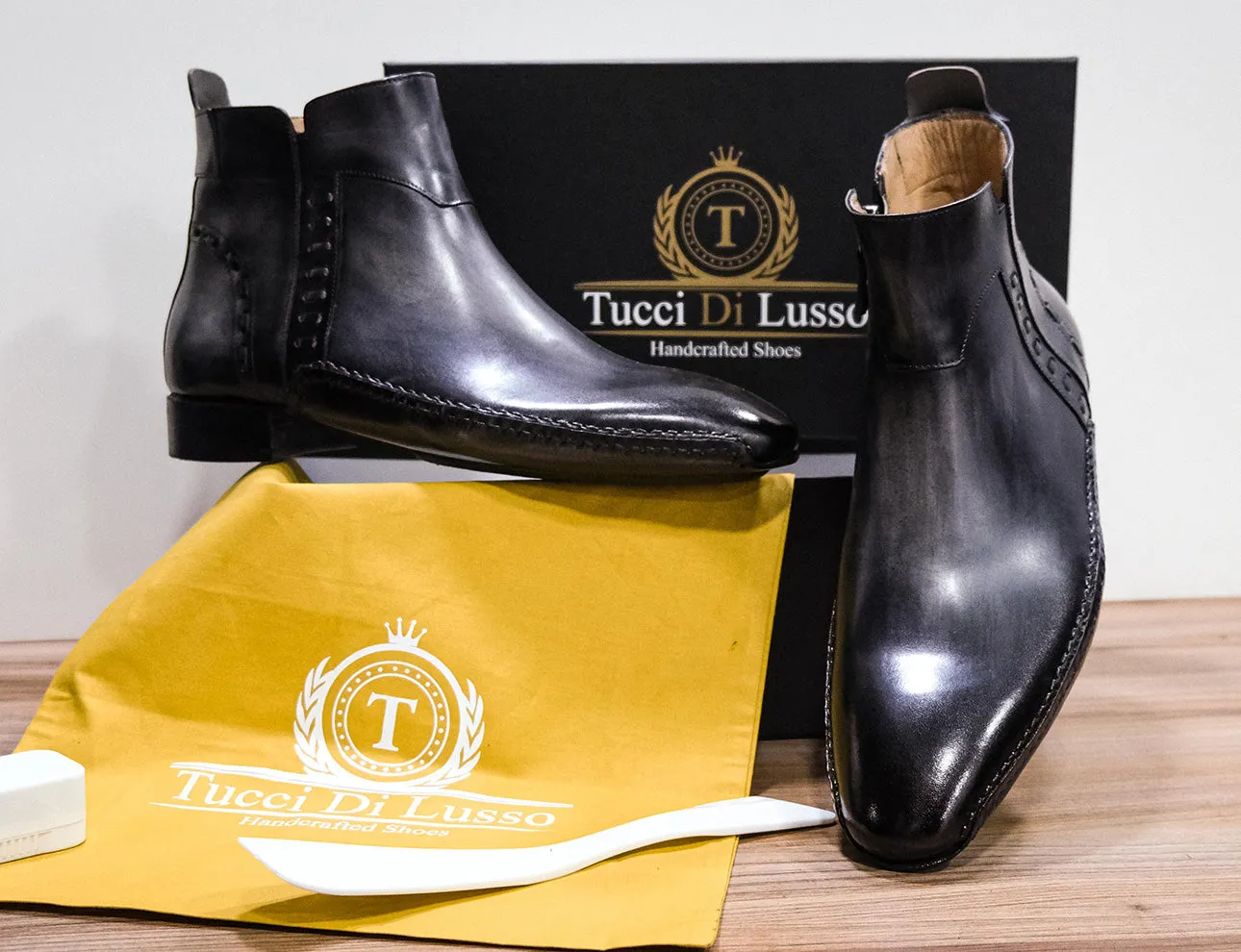 Tucci Di Lusso Special Edition Mens Italian Calf Skin Leather Two Tone Gray-Black Handmade Luxury Zipper Boots